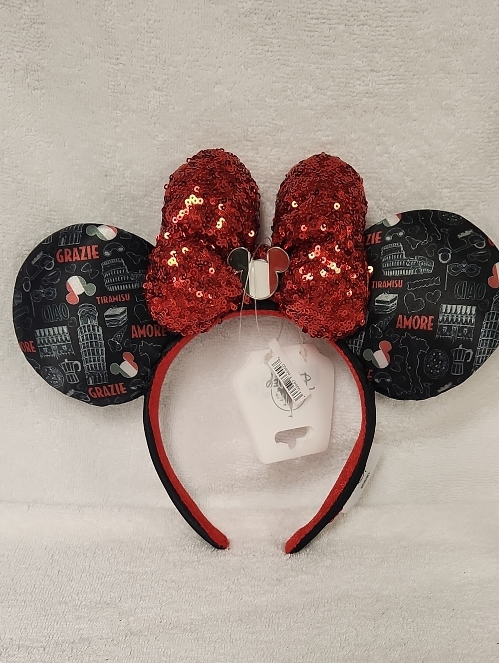 Disney Epcot Italy Sequin Bow Minnie Ears Headband - Red and White